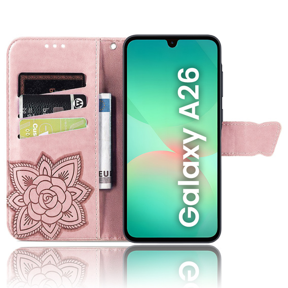 Etui z klapką do Samsung Galaxy A26 5G, Butterfly, różowe rose gold
