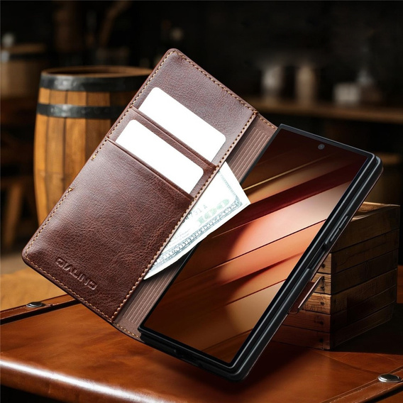 Skórzane etui portfelowe Qialino z podstawką do Samsung Galaxy Z Fold7 - brązowe