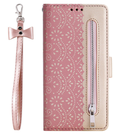 Etui z klapką do Samsung Galaxy S22+ Plus 5G, Wallet Pocket Zipper Lace, różowe