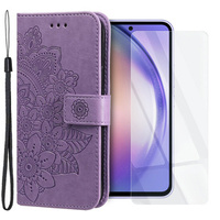 Zestaw Etui z klapką do Samsung Galaxy A54 5G, portfel Mandala i kwiaty, fioletowe + szkło