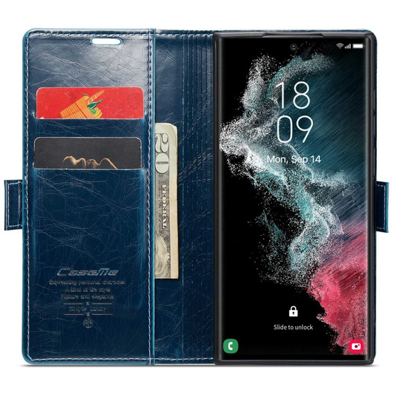 Etui z klapką CASEME do Samsung Galaxy S22 Ultra, Waxy Textured, niebieskie