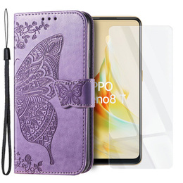 Zestaw Etui z klapką do Oppo Reno8 T, Motyl, Fioletowe + szkło