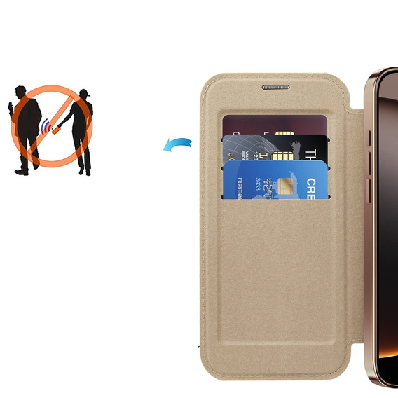 Etui z klapką do iPhone 16 Pro Max, RFID Wallet MagSafe z ochroną aparatu, złote