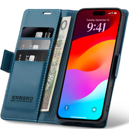 Etui do iPhone 17 Pro Max, ERBORD Glossy Litchi, portfel z klapką, niebieskie