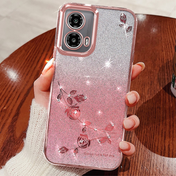 Etui do Motorola Moto G24 / G24 Power / G04, Glitter Flower, różowe rose gold