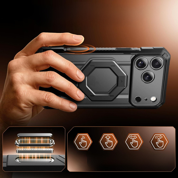 Etui do iPhone 17 Pro, Tongate MagSafe grey Ring Stand, black/transparent