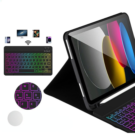 Etui z podświetlaną klawiaturą bluetooth do iPad 11" 2025 A16 (11 gen.) / iPad 10.9" 2022 (10 gen.), czarne