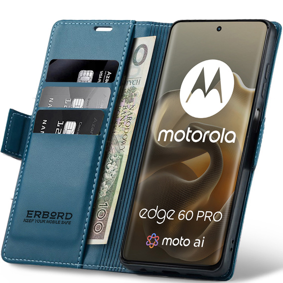 Etui do Motorola Edge 60 Pro, ERBORD Glossy Litchi, portfel z klapką, niebieskie