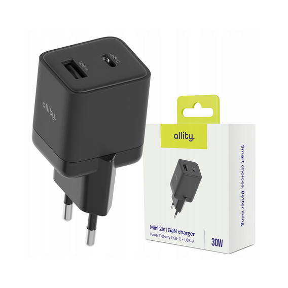 Allity ATC-01 – Ładowarka Sieciowa GaN 30W USB-C + USB-A - czarna