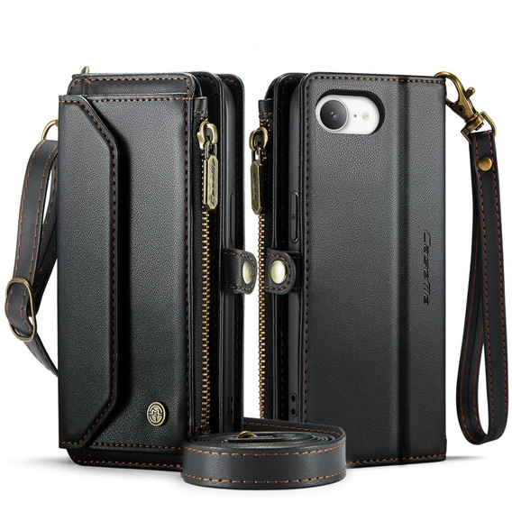 Etui CASEME do iPhone 16e RFID Leather Wallet, RFID Leather Wallet, z paskiem na ramię, czarne