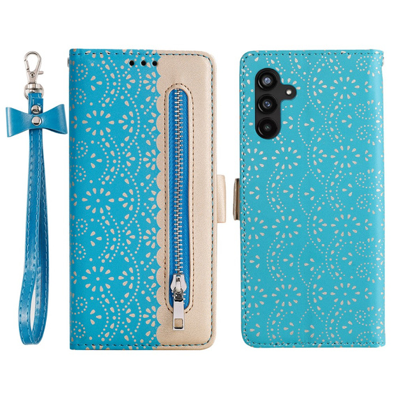 Etui z klapką do Samsung Galaxy A25 5G, Wallet Pocket Zipper Lace, niebieskie