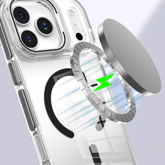 Etui do iPhone 17 Pro Max, do MagSafe, z podstawką, przezroczyste z czarnymi akcentami