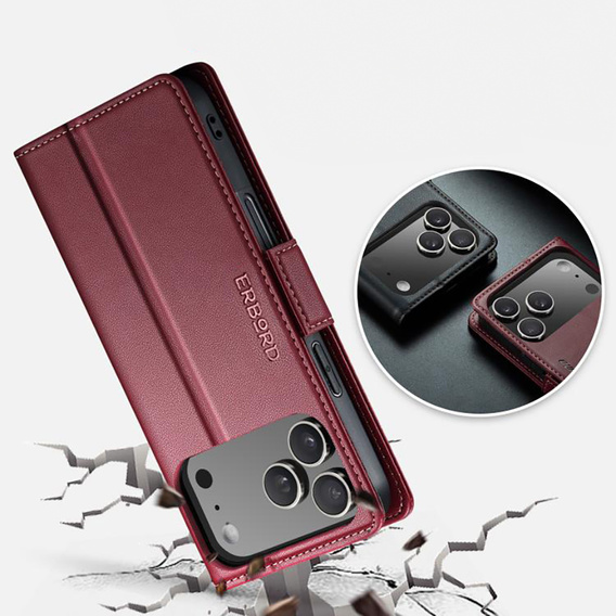Etui do iPhone 17 Pro Max, ERBORD Glossy Litchi, portfel z klapką, czerwone