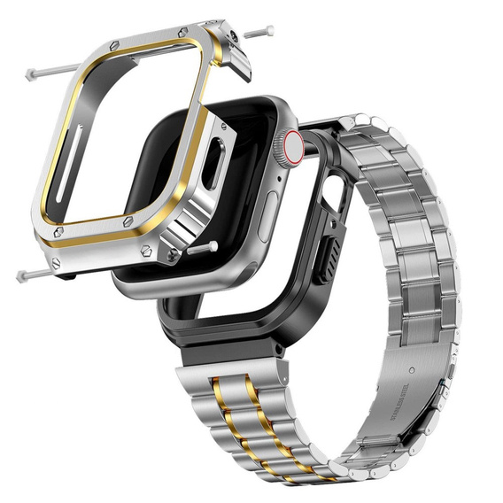 Bransoleta Stalowa z Etui do Apple Watch 7/8/9 45MM, Srebrna / Złota
