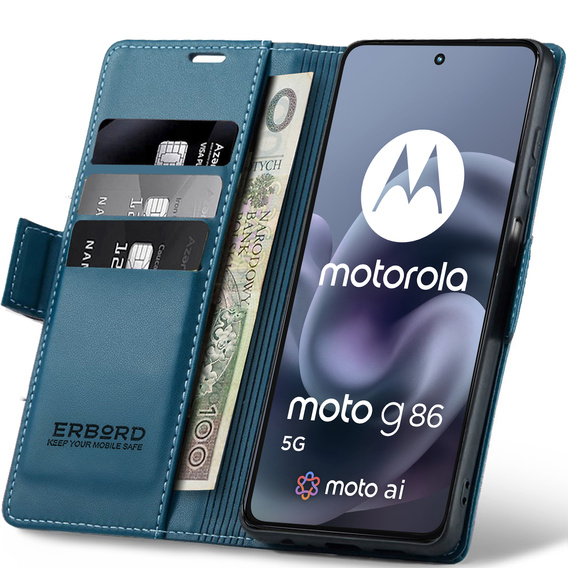 Funkcja podstawki i magnes w etui ERBORD Glossy Litchi do Motorola Moto G86 5G niebieskie