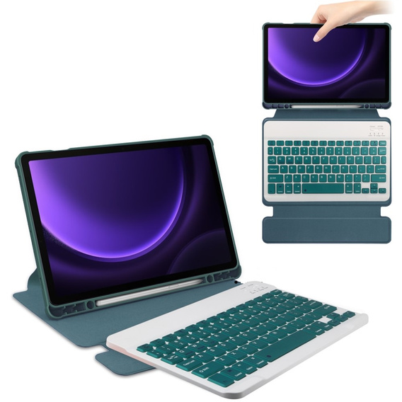 Etui z klawiaturą do Samsung Galaxy Tab S10 Lite / S10 FE / S9 FE, Rotary 360° Leather, ciemnozielone