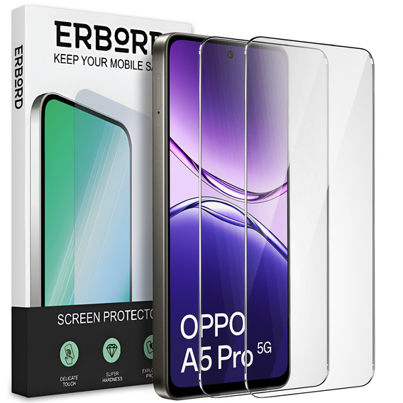 2x Szkło Hartowane do Oppo A5 Pro 5G, ERBORD 9H Hard Glass, szybka