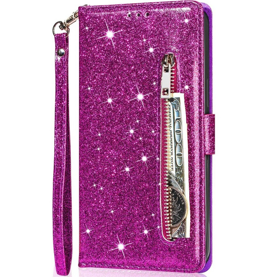 Etui z klapką do Samsung Galaxy A55, Wallet Zipper Pocket Glittery, fioletowe