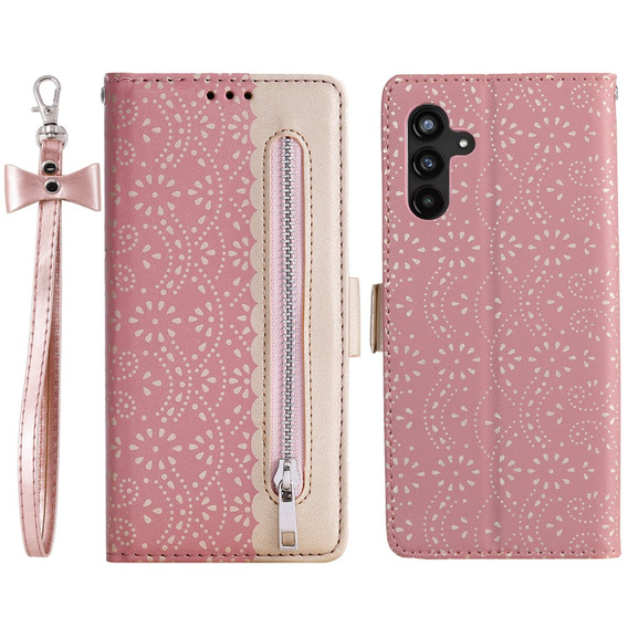 Etui z klapką do Samsung Galaxy A35 5G, Wallet Pocket Zipper Lace, różowe