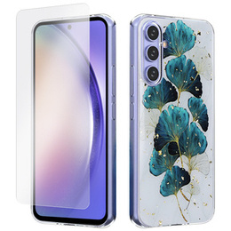 Zestaw Etui Gold Glam do Samsung Galaxy A54, Zielone listki + Szkło 9H
