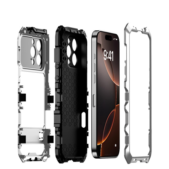 Etui R-Just RJ09-1 do iPhone 16 Pro – srebrne, aluminiowe, z silikonową ramką i szkłem hartowanym