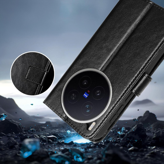 Etui z klapką do Vivo X300 Pro, Crazy Horse Wallet, czarne