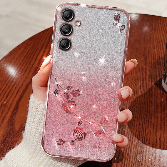 Etui do Samsung Galaxy A15, Glitter Flower, różowe rose gold + szkło