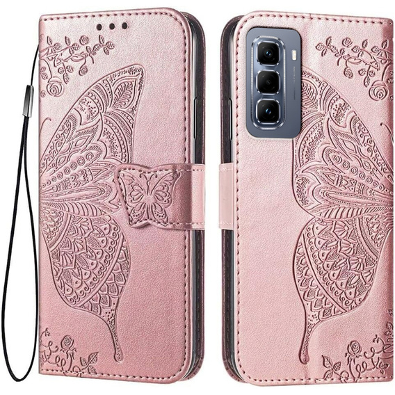 Etui z klapką do Infinix Hot 50 Pro 4G, Butterfly, różowe rose gold