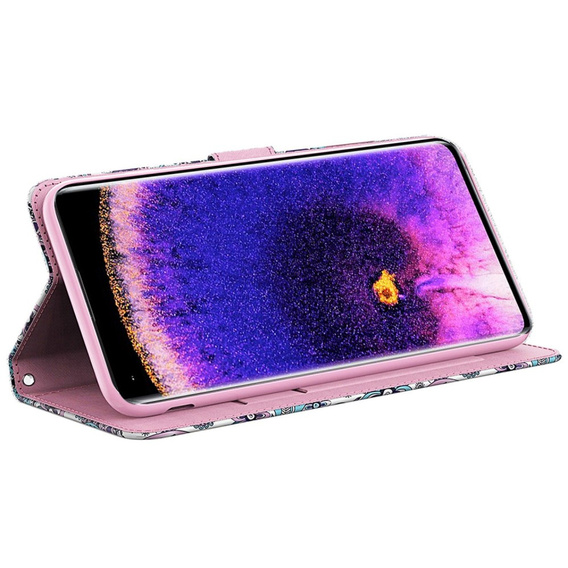 Zestaw Etui z klapką do Oppo A17, Fioletowe wzory + Szkło 9H