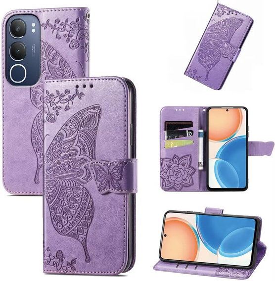 Etui z klapką do Vivo Y19s, Butterfly, fioletowe