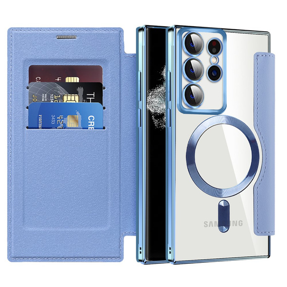 Etui z klapką do Samsung Galaxy S22 Ultra 5G, RFID Wallet MagSafe z ochroną aparatu, niebieskie