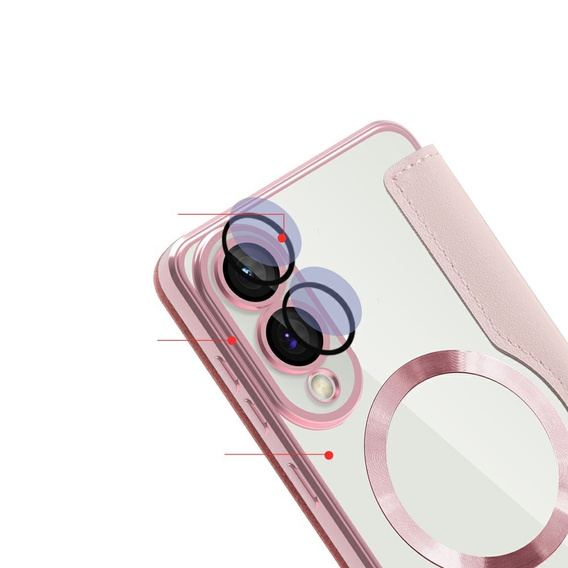 Etui z klapką do Samsung Galaxy S25 Edge, RFID Wallet MagSafe z ochroną aparatu, różowe