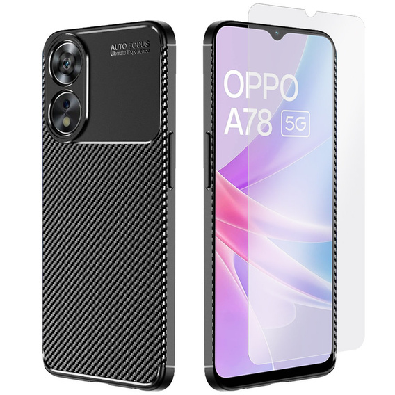 Zestaw Etui do Oppo A78 5G, Carbon Gel, silikonowe ochronne, czarne + Szkło