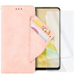 Zestaw Etui do Oppo Reno8 T, portfel z klapką Card Slot, Różowe + Szkło