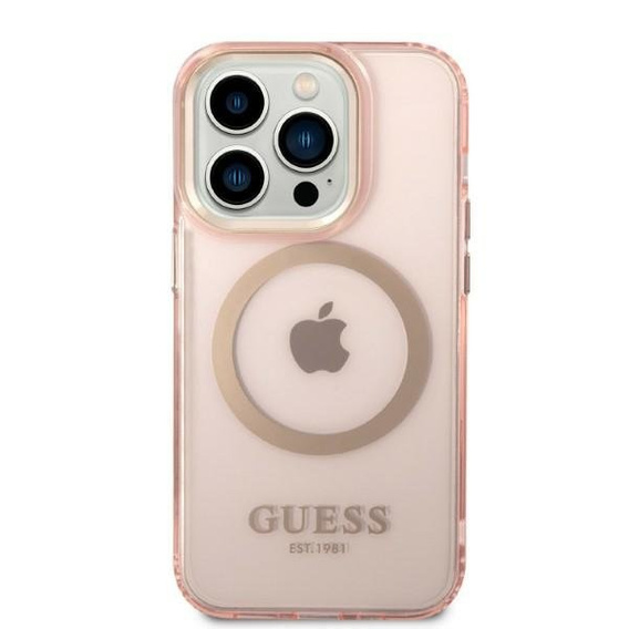 Etui GUESS do iPhone 14 Pro, Gold Outline Translucent MagSafe, różowe