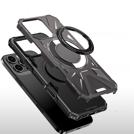 Etui do iPhone 16 Pro Max, pancerne z podstawką i blaszką do uchwytu, szare