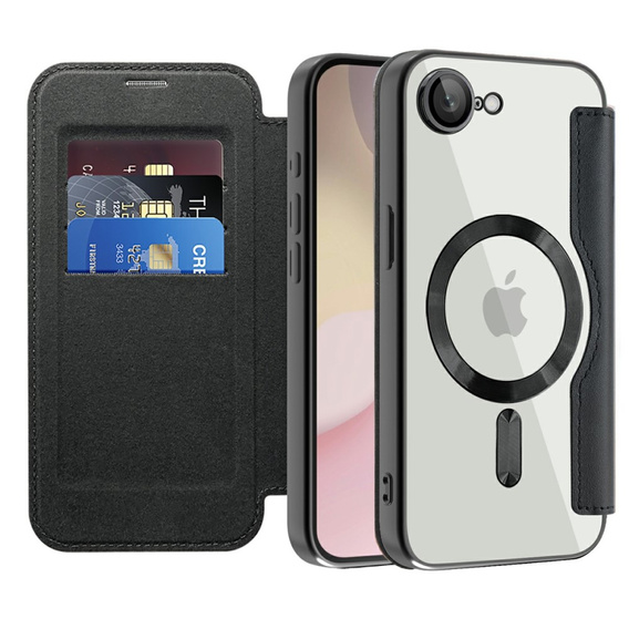 Etui z klapką do iPhone 16E, RFID Wallet MagSafe z ochroną aparatu, czarne