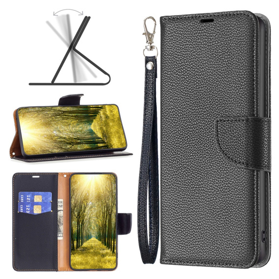 Etui z klapką do Samsung Galaxy A25 5G, Wallet Litchi Leather, czarne + szkło 9H