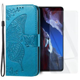 Zestaw Etui z klapką do Xiaomi Poco F5 Pro, Motyl, Niebieskie + Szkło