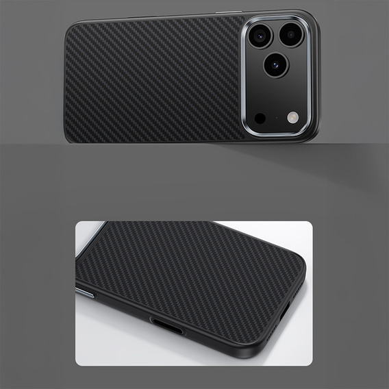 Etui BENKS Kevlar Armor PRO do iPhone 17 Pro, Carbon Fiber 600D A069, do MagSafe, aktywny przycisk – czarne