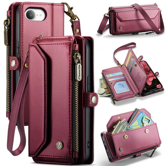 Etui CASEME do iPhone 16e RFID Leather Wallet, RFID Leather Wallet, z paskiem na ramię, czerwone