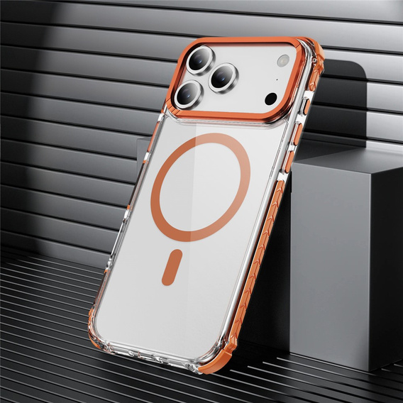 Etui pancerne do iPhone 17 Pro Max, do MagSafe, przezroczyste z pomarańczową ramką