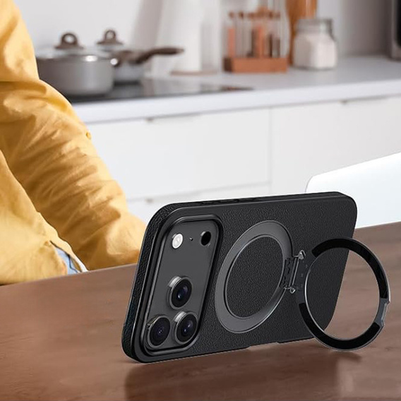 Etui Skórzane do iPhone 17 Pro Max, MagSafe, z podstawką - czarne