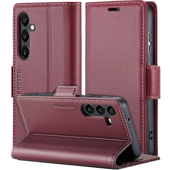 Etui do Samsung Galaxy A15 4G / 5G, ERBORD Glossy Litchi, portfel z klapką, czerwone + Szkło Hartowane 9H