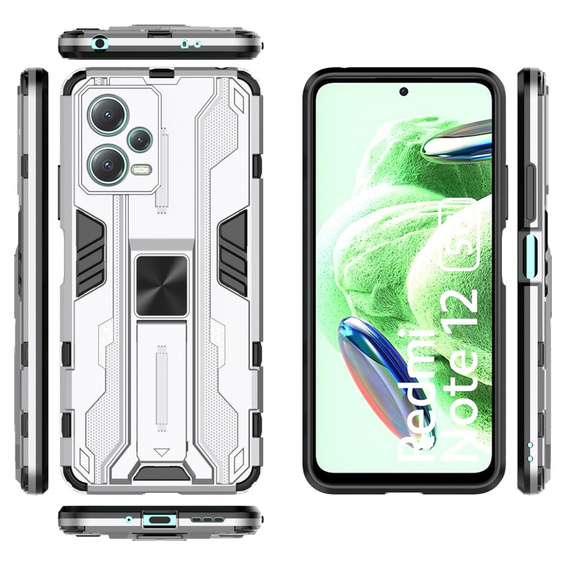 Etui do Xiaomi Redmi Note 12 5G / POCO X5 5G, pancerne z podstawką i ochroną aparatu, srebrne