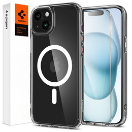 Etui z MagSafe Spigen do iPhone 15, Ultra Hybrid, przezroczyste / białe + Szkło Hartowane 9H