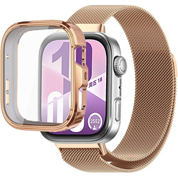 Bransoleta Milanese + Etui z osłoną na ekran do Huawei Watch Fit 4, Różowe złoto