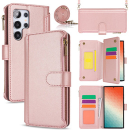 Etui z klapką do Samsung Galaxy S24 Ultra, Wallet Zipper Pocket RFID, z paskiem na ramię, różowe rose gold