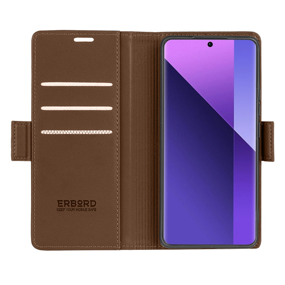 Etui do Xiaomi Redmi Note 13 Pro+, ERBORD Glossy Litchi, portfel z klapką, brązowe