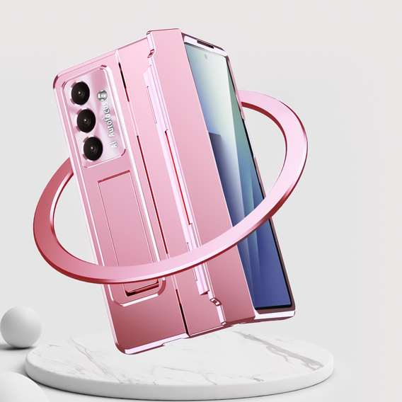 Etui z podstawką do Samsung Galaxy Z Fold7 5G, z ochroną zawiasu, szkłem i rysikiem - różowe
